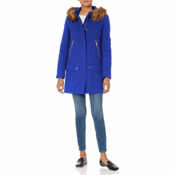 J. Crew Chateau Italian Stadium Cloth Wool Fur Parka Regal Brunswick Blue Size 2 - Picture 2 of 16
